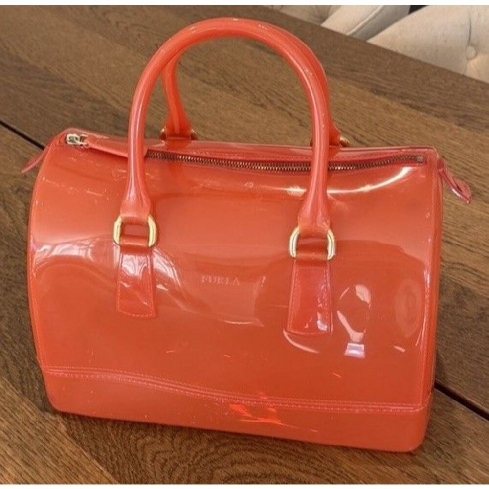 Furla Candy Jelly Bowler Style Satchel Bag Semi Translucent Orange Made In Italy